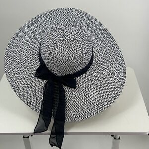 Wide Brim Straw Sun Hat Navy White Floppy Beach Hat Ribbon Tie Boho Costal Chic